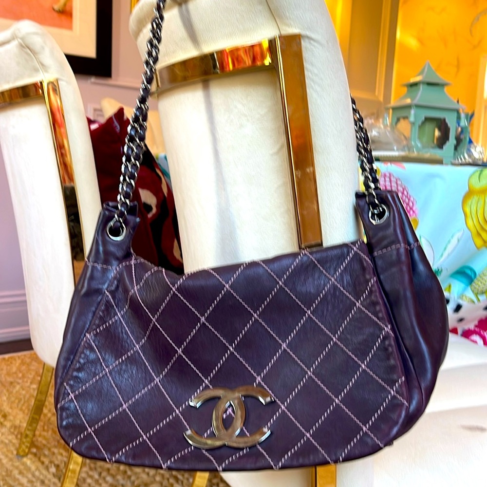 Chanel leather deep purple handbag w silver hardware vintage super soft